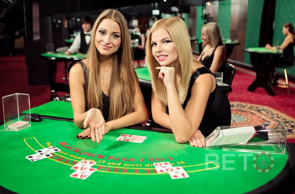 Tampilan meja kasino live dengan dealer dan suasana permainan langsung